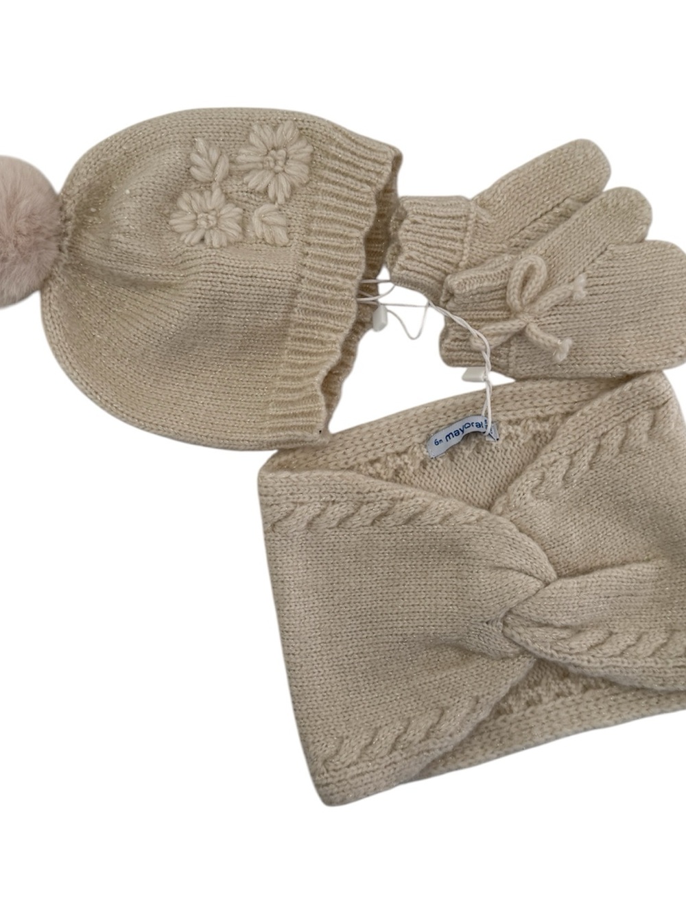 Mayoral Cream Knit Pom-Pom Hat, Mittens & Twisted Headband Set